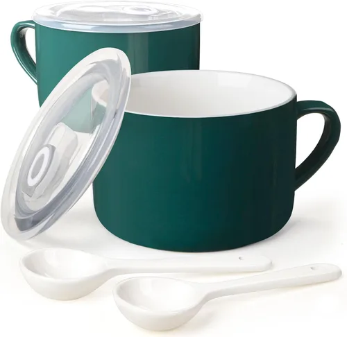 Miniatura 11 de Tazones de sopa con asas y cucharas, cuenco de cerámica para ramen de 30 onzas con tapa, tazas grandes para fideos instantáneos, cuencos grandes