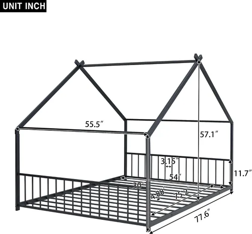 Miniatura 2 de P PURLOVE Marco de cama de tamaño matrimonial, marco de cama Montessori de metal para niños, marco de cama de casa para niños con techo, cabecero