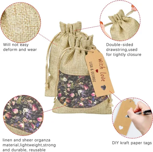 Miniatura 3 de GIOIPC 20 bolsas transparentes de arpillera de lino de 5 x 7 pulgadas con cordón y etiquetas de regalo adicionales para boda y cumpleaños, bolsas
