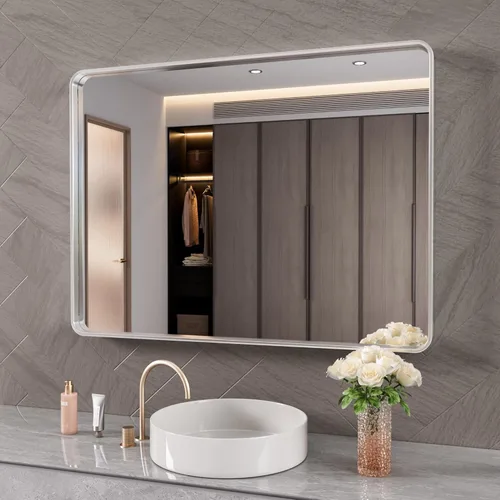 Miniatura 34 de JISOSO - Espejo de baño de 24x36 pulgadas con marco de metal cepillado color níquel, espejo con marco de metal cepillado plateado para pared, espejo