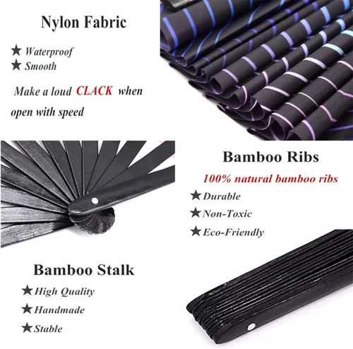 Miniatura 3 de Ventilador de mano plegable grande para mujeres/hombres, chinos/japoneses con bambú y tela de nailon, para actuaciones, decoraciones, bailes