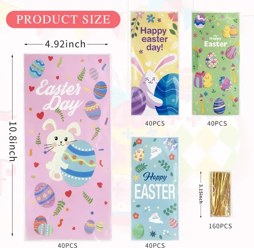 Miniatura 5 de Jexila 160 bolsas de celofán de Pascua con lazos, bolsa de golosinas de conejo de Pascua para niños, bolsas de plástico para dulces