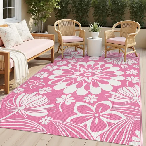 Miniatura 28 de Ileading Alfombra de Paja de Plástico para Exteriores 5x8 pies Estilo Floral Divertido Alfombras de Área Reversibles para Patio Impermeables