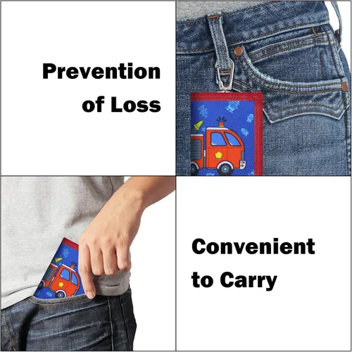 Miniatura 4 de Cartera RFID, bonita cartera de dibujos animados con cremallera para niños, Carro de bomberos, Cartera de lona triple para niños