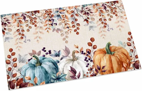 Miniatura 3 de Tapete para puerta de interior de Acción de Gracias, 16 x 24 pulgadas, tapete de bienvenida antideslizante para patio, color verde azulado, naranja