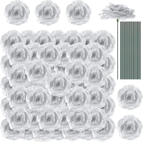 Miniatura 12 de Yunlly 100 piezas de flores artificiales de seda falsa con tallo largo en ramo de rosas para boda, fiesta, decoración del hogar para bricolaje, baby