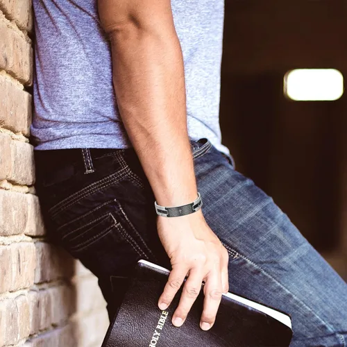 Miniatura 4 de Flongo Pulsera de pulsera vintage de acero inoxidable para hombre, con cruz negra inglesa, señores de la Biblia y eslabones de oración para hombre