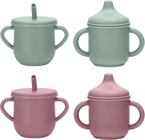 Miniatura 9 de Juego de tazas de silicona para niños pequeños, 2 tazas con popote y 2 tazas para bebés de 6 meses, tazas de entrenamiento a prueba de derrames a