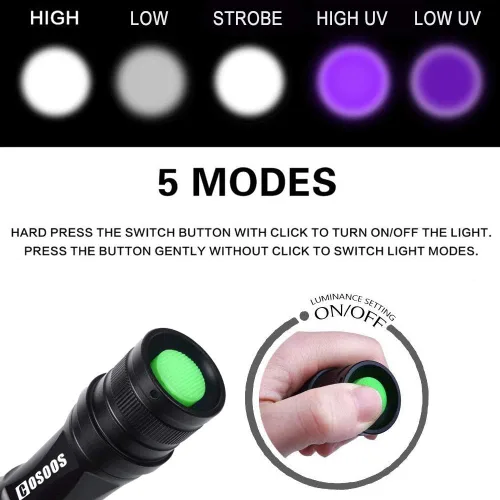 Miniatura 3 de COSOOS Linterna UV de luz negra, luz blanca 2 en 1 y luz negra de 395 nm, detector de orina de mascotas para orina de perro/gato, manchas secas
