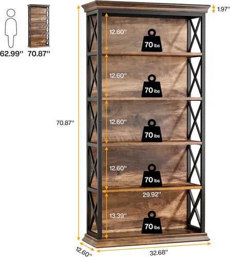 Miniatura 2 de Tribesigns Estantería de 6 niveles, 71 pulgadas, estanterías y librerías industriales, estanterías de almacenamiento de 5 niveles de pie, estantería