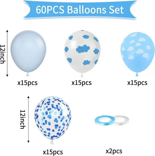 Miniatura 2 de Paready Globos de nube, 60 globos de fiesta de nubes azules y blancas con estampado de nubes, globos de látex azul bebé, globo de confeti azul