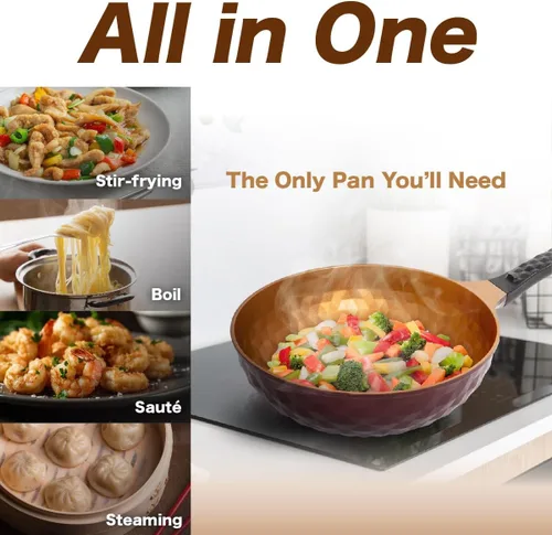 Miniatura 5 de Sartén Wok Antiadherente Premium Diamond X - Wok Chino Grande de Fondo Plano de 11" - Woks y Sartenes Antiadherentes para Saltear - Sartén de Sartén