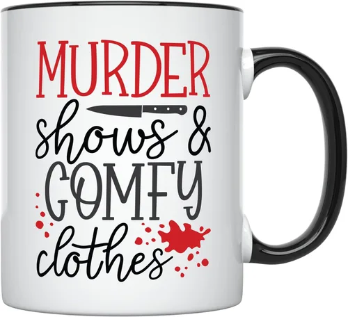 YouNique Designs Murder Shows and Comfy Clothes - Taza de café True Crime de 11 onzas, mercancía de adicto al crimen, taza de café para mujeres,