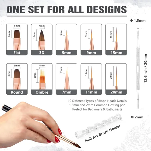 Miniatura 3 de Juego de brochas para arte de uñas, kit profesional de 5 piezas de brochas de uñas de doble punta para detalles, líneas largas, ombre y diseño 3D
