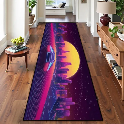 Miniatura 20 de Alfombra de corredor lavable de 2 x 6 pulgadas, diseño de arcade, diseño de barco espacial a la puesta de sol, retro, de los años 80, de ciencia