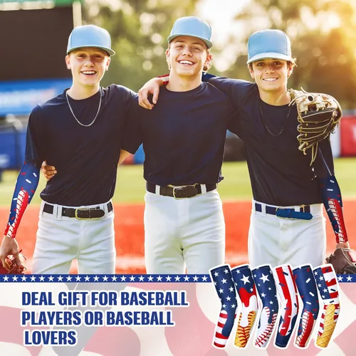 Miniatura 5 de Shyyween 6 pares de mangas de brazo de béisbol de goteo de helado para jóvenes, protección solar cruzada, manga de compresión para brazo, bandera