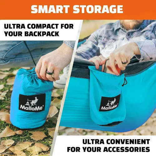 Miniatura 6 de Hamaca MalloMe para una o dos personas, para camping, set de hamaca colgante con 3 correas para árbol, hecha de nailon, es ligera, capacidad para 2