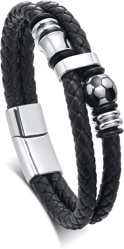 TempBeau Pulsera de cuero genuino de fútbol para hombre, pulsera de cuero trenzado para niño, pulsera de cuero negro, regalos para papá, Acero