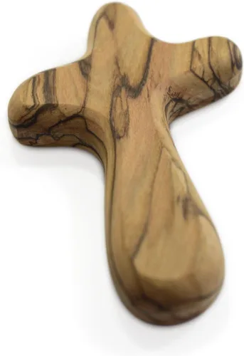 Miniatura 6 de Cruz de 10.16 cm de madera de olivo para sujetar en la mano de Belén en bolsa (certificada) - Fina cruz de madera para orar y confort, cruz de palma
