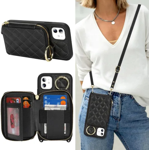 Miniatura 9 de Funda Cartera Bandolera para iPhone 11, Cuero PU Cremallera Bolso Cartera Funda Plegable con Tapa, Funda Folio con Soporte con Ranuras para Tarjetas