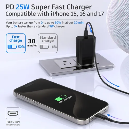 Miniatura 5 de Galaxy S25 S24 - Bloque de carga USB C de 25 W PD cargador súper rápido con cable tipo C, adaptador de enchufe de pared de 6 pies, carga rápida