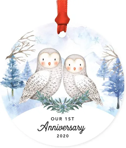 Miniatura 14 de Andaz Press Adorno redondo de recuerdo de Navidad, nuestro 10 aniversario 2025, búhos de nieve de invierno en acuarela, 1 paquete, incluye cinta