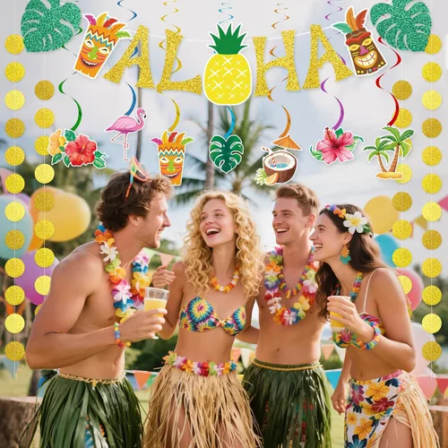 Miniatura 7 de Pancarta hawaiana preencordada para fiesta, decoración grande de flamenco tiki tropical para fiesta de cumpleaños Luau para fiesta de cumpleaños