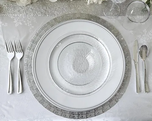 Miniatura 5 de OccasionS - 10 cargadores redondos de plástico acrílico de 13 pulgadas, para decoración de cenas, platos de carga (corona, blanco y plateado)