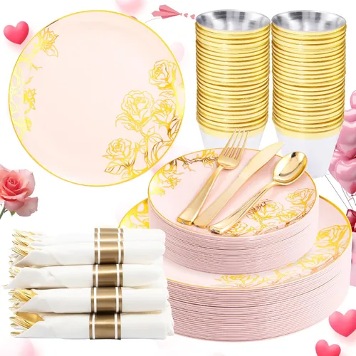 DaYammi Juego de 210 platos de plástico rosa, juego de vajilla desechable floral dorado rosa, 30 platos llanos, 30 platos de ensalada, 30