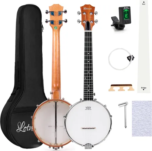 Banjolele, Sapele Travel Banjolele 26 pulgadas 4 cuerdas lotmusic Remo Drumhead espalda abierta con kit para principiantes cuerda extra Allen Wrench
