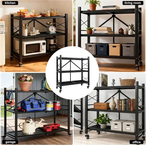 Miniatura 7 de Grezone Estantes plegables de 3 niveles de almacenamiento de metal resistente con ruedas – No se ensambla unidad de estantería plegable para cocina