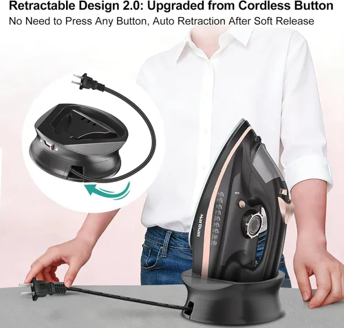 Miniatura 10 de Martisan Plancha inalámbrica para ropa, 1600 W, inalámbrico, calentamiento rápido, cable retráctil, base de carga de energía, suela de cerámica
