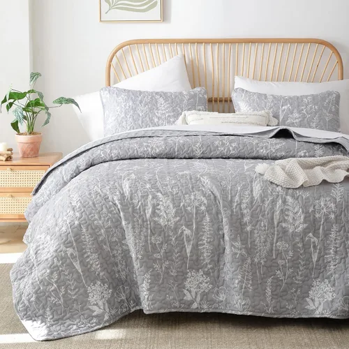 Miniatura 5 de JANZAA Juego de colcha tamaño Queen de 3 piezas con patrón floral, de microfibra ligera, ropa de cama reversible, 1 colcha y 2 fundas de almohada