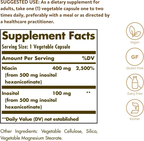 Miniatura 2 de Solgar Niacina sin enjuague de 500 mg, 250 cápsulas vegetales - Apoyo cardiovascular - Apoya el metabolismo energético - Entrega sin enjuague