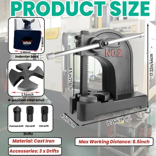 2 Ton Arbor Press with 3 Drifts, 17.32"H x 15.35"L Manual Arbor Press, for Punching/Carving (2T Black)