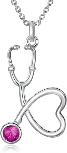 Collar de enfermera para mujer, colgante de estetoscopio de corazón de plata de ley con piedra natal transparente, joyería de enfermería, regalo