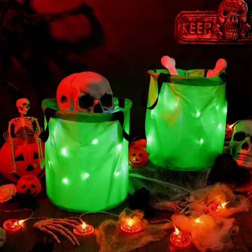 Miniatura 2 de 2 bolsas de dulces de Halloween con luz LED, bolsas de fiesta de Halloween, multiusos, reutilizables, bolsas para Halloween para dulce o dulce Verde