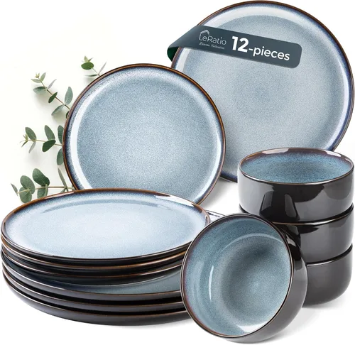 LERATIO - Juego de vajilla de cerámica para 4, juego de 12 piezas de platos y cuencos de porcelana, platos y cuencos resistentes a los arañazos,