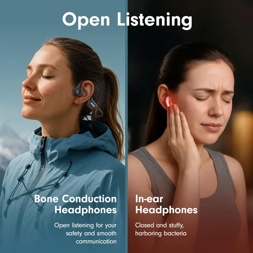 Miniatura 7 de Auriculares de conducción ósea, auriculares de oreja abierta Bluetooth 5.4 con micrófono, 8 horas de reproducción, auriculares de conducción ósea