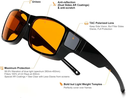 Miniatura 5 de CAXMAN 99.9% gafas de luz azul para dormir, lentes teñidas de naranja para un buen sueño, se ajustan sobre las gafas que cubren completamente tus