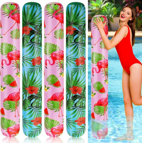 Karenhi Paquete de 4 fideos inflables para piscina, flamenco, hoja de palmera, jumbo, flotadores inflables tropicales hawaianos para fiesta acuática