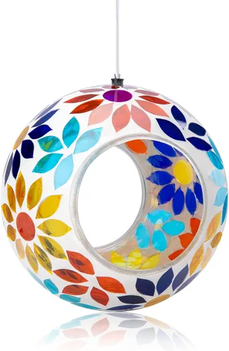 Miniatura 9 de VCUTEKA Comedero para Pájaros de Mosaico Fly Through para Exterior Colgante con Recipiente de Vidrio de Forma Redonda para Atraer Más Aves Rojo