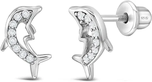 Aretes de plata de ley 925 con circonita cúbica transparente náutica y delfín para niñas pequeñas, preadolescentes y adolescentes, 0.354 in, joyería