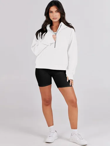 Miniatura 7 de ANRABESS Sudaderas recortadas para mujer, con media cremallera, forro polar, con cremallera de un cuarto, ropa de otoño 2023, suéter con agujero