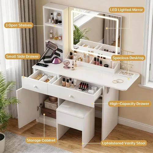 Miniatura 9 de FUXA Escritorio de tocador con espejo de luces LED y estación de carga, mesa de tocador de maquillaje con cajones de almacenamiento, armario