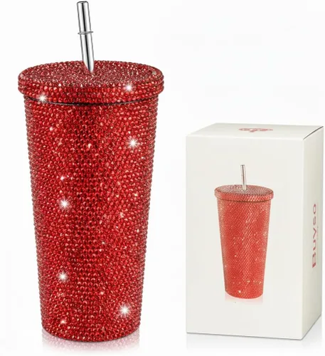 Miniatura 10 de Vaso térmico con diamantes de imitación con tapa, reutilizable, aislado, de acero inoxidable de alta calidad, botella de agua estética de primera