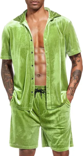 LecGee Conjunto de pantalones cortos casuales de verano para hombre, camisa de terciopelo de manga corta con botones, pantalones cortos de cintura