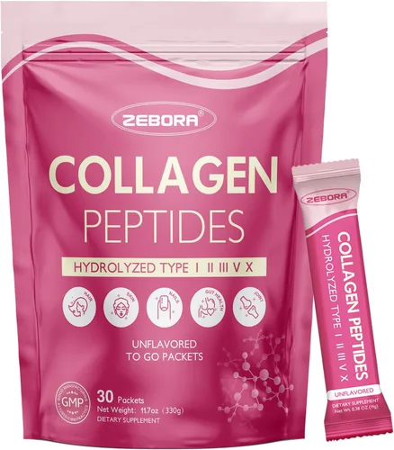 ZEBORA Paquetes de polvo de péptidos de colágeno multihidrolizados con ácido hialurónico, biotina, MCT y 5 mil millones de probióticos - Apoya la