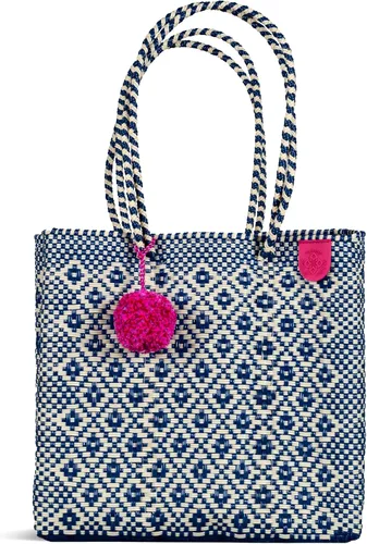 Mixte Bolso tote tejido, bolso de playa beige y azul marino, bolso de plástico reciclado ecológico, resistente al agua, hecho a mano por artesanos -