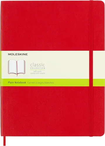 Moleskine - Cuaderno clásico, tapa blanda, tamaño XL (7.5 x 9.5 pulgadas), liso/en blanco, rojo escarlata, 192 páginas